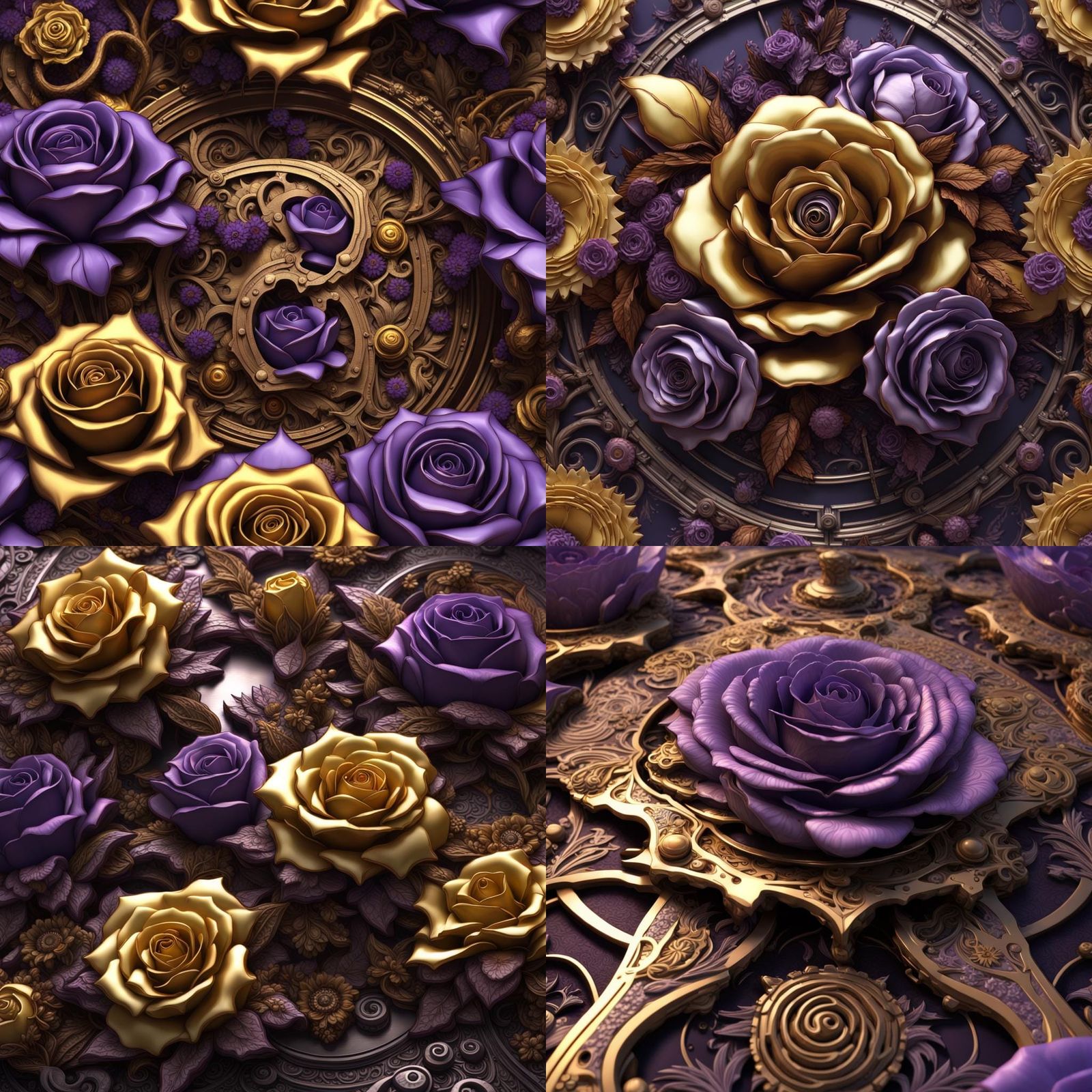 Intricate Metallic Floral Gear System in Dark Fantasy Style
