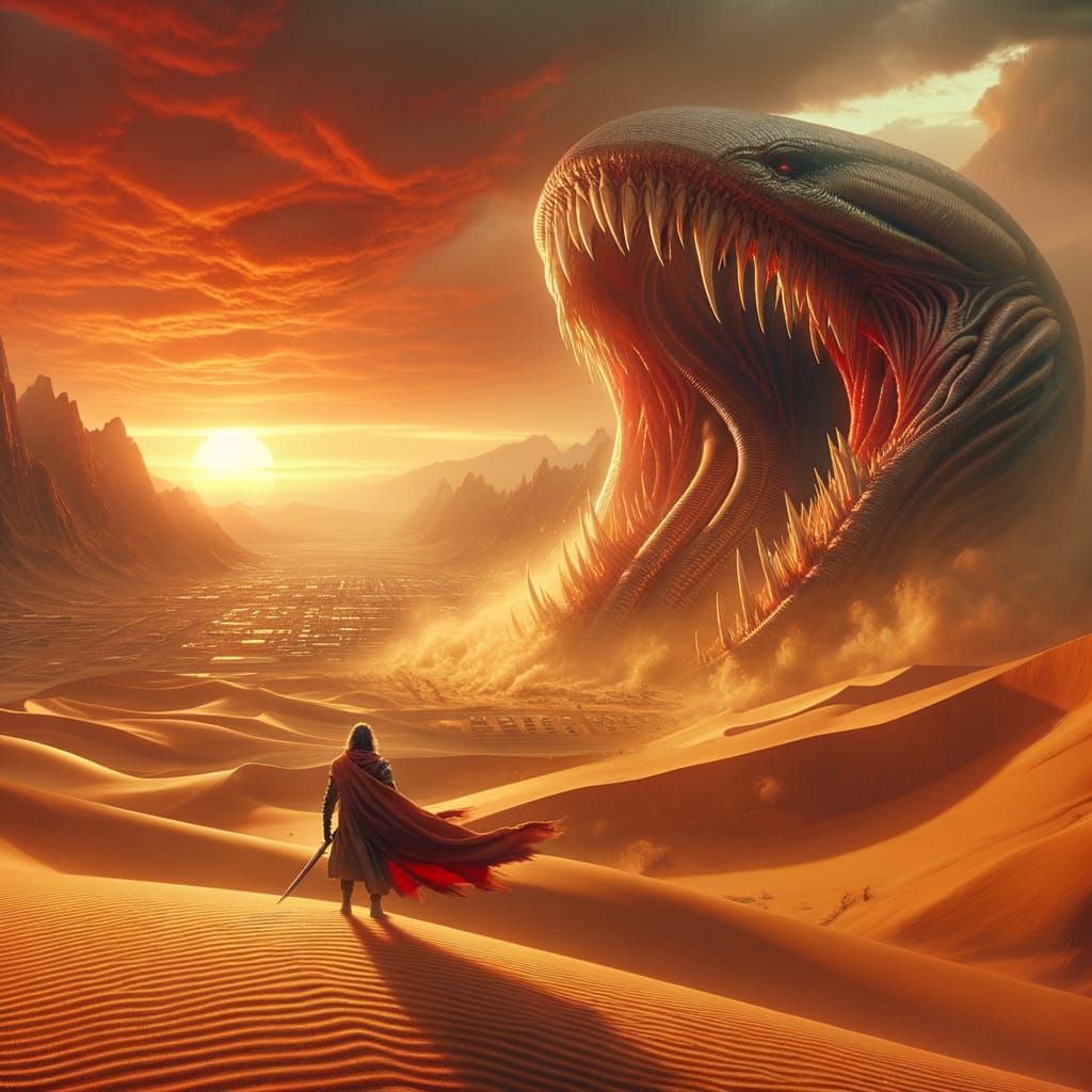 Epic Sandworm Confrontation in Desert Sunset