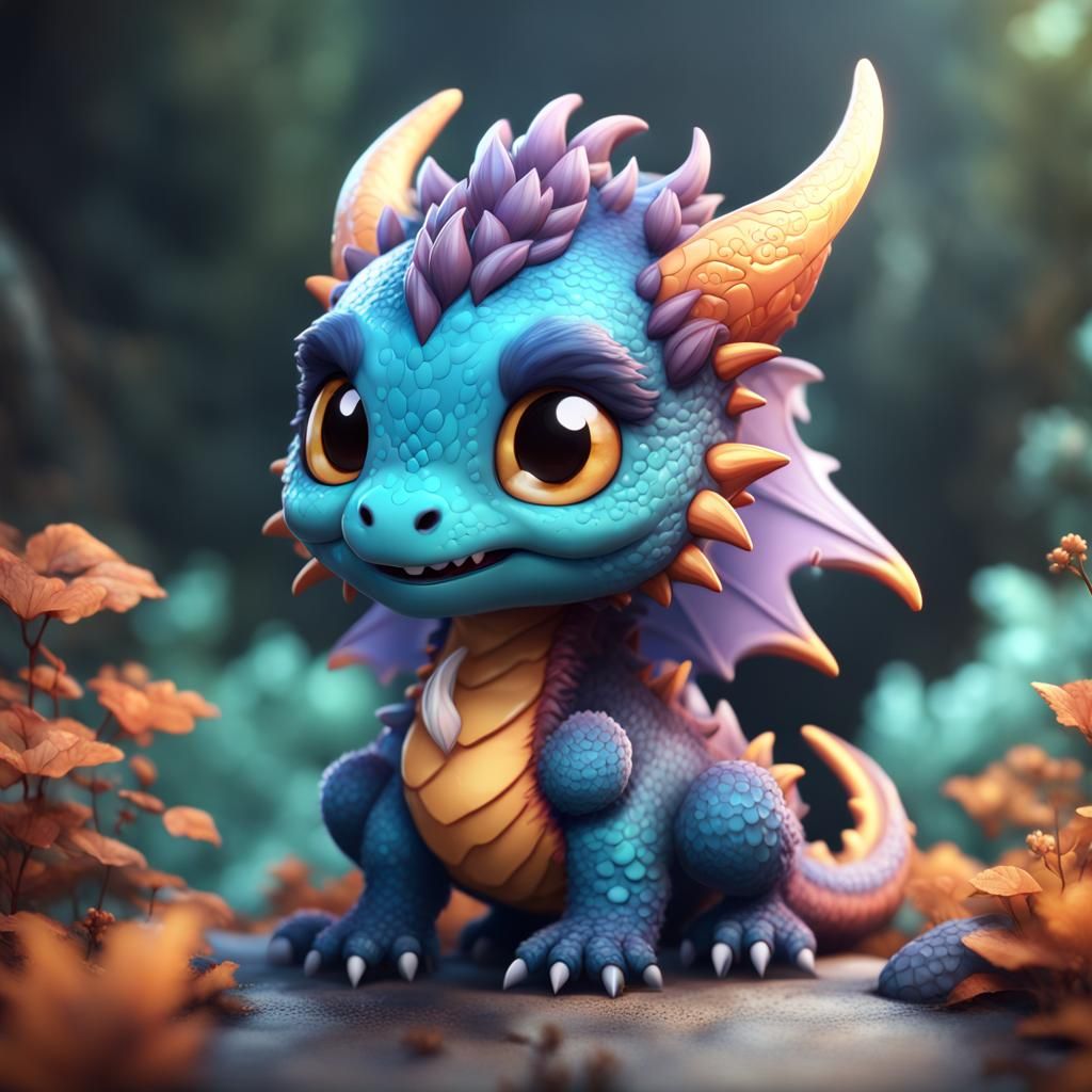 Adorable Fluffy Chibi Dragon in Detailed Digital Art