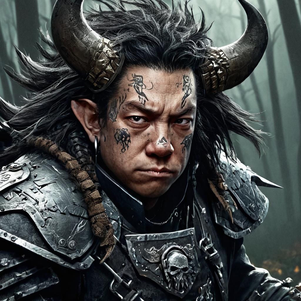 Armored Boar in Misty Forest: Dark Fantasy Art