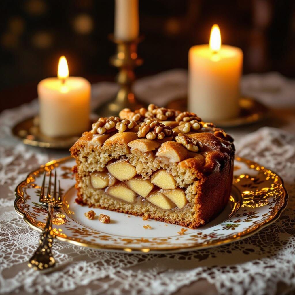 Apple Walnut Cake on Ornate Plate with Candles