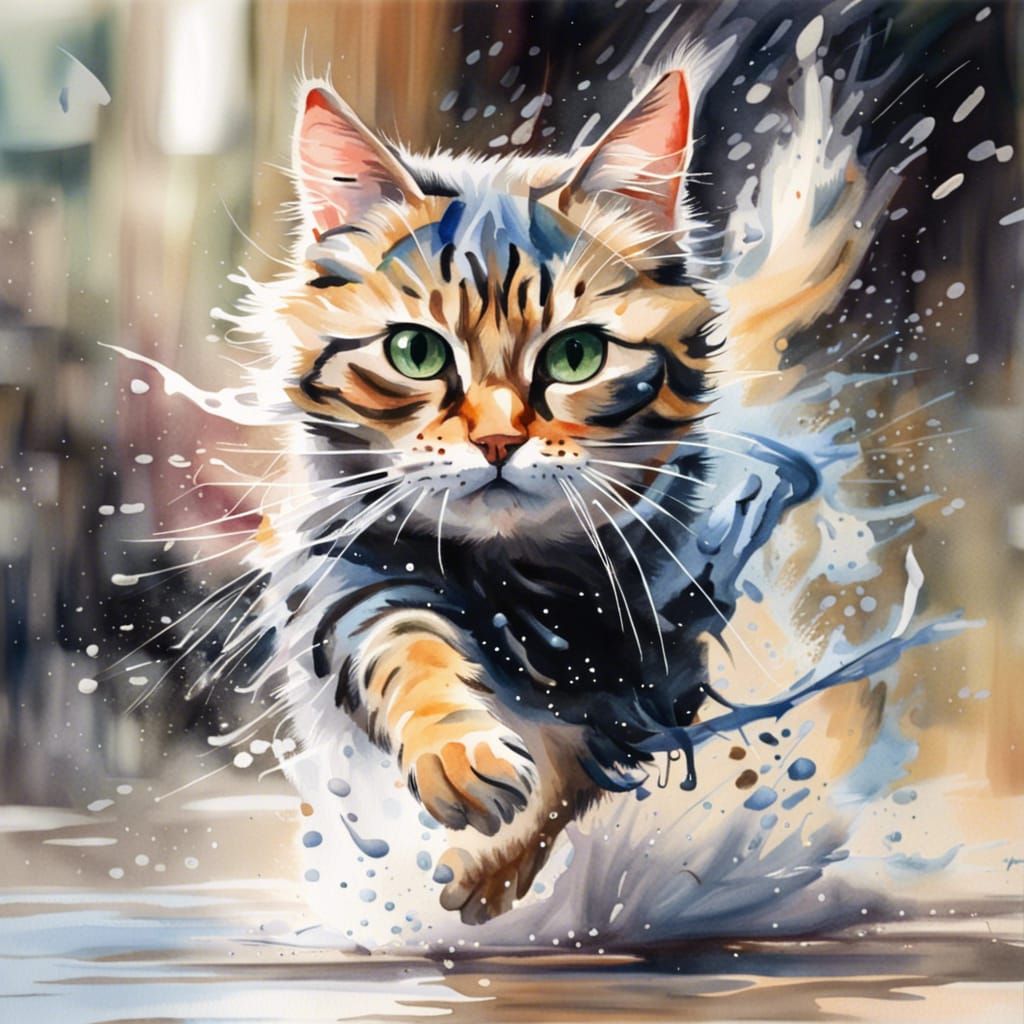 Ninja Cat in Watercolor Splash Art Style