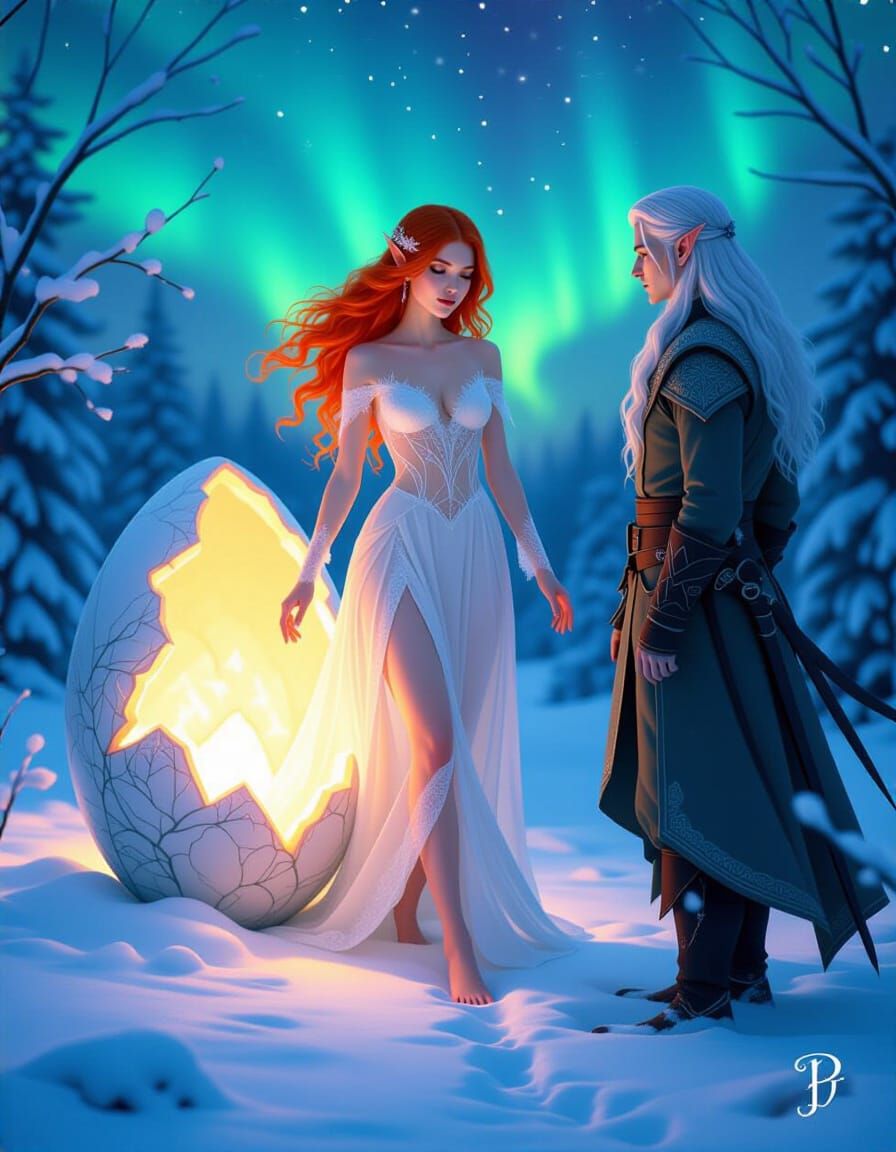 Winter Egg Cracks Open Revealing Ethereal Maiden Under Auror...