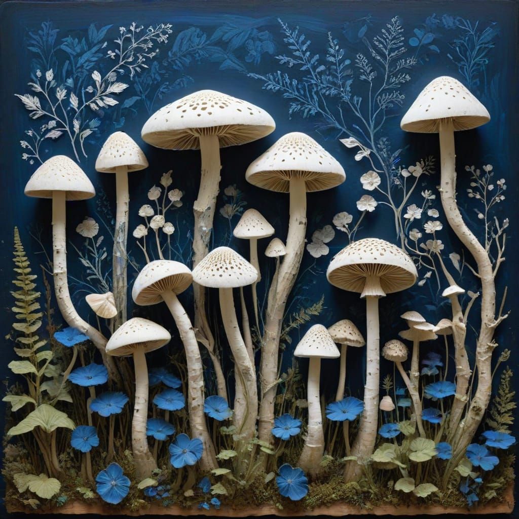 Whimsical Fungal Being Tends Mushrooms in Hand-Carved Linocu...