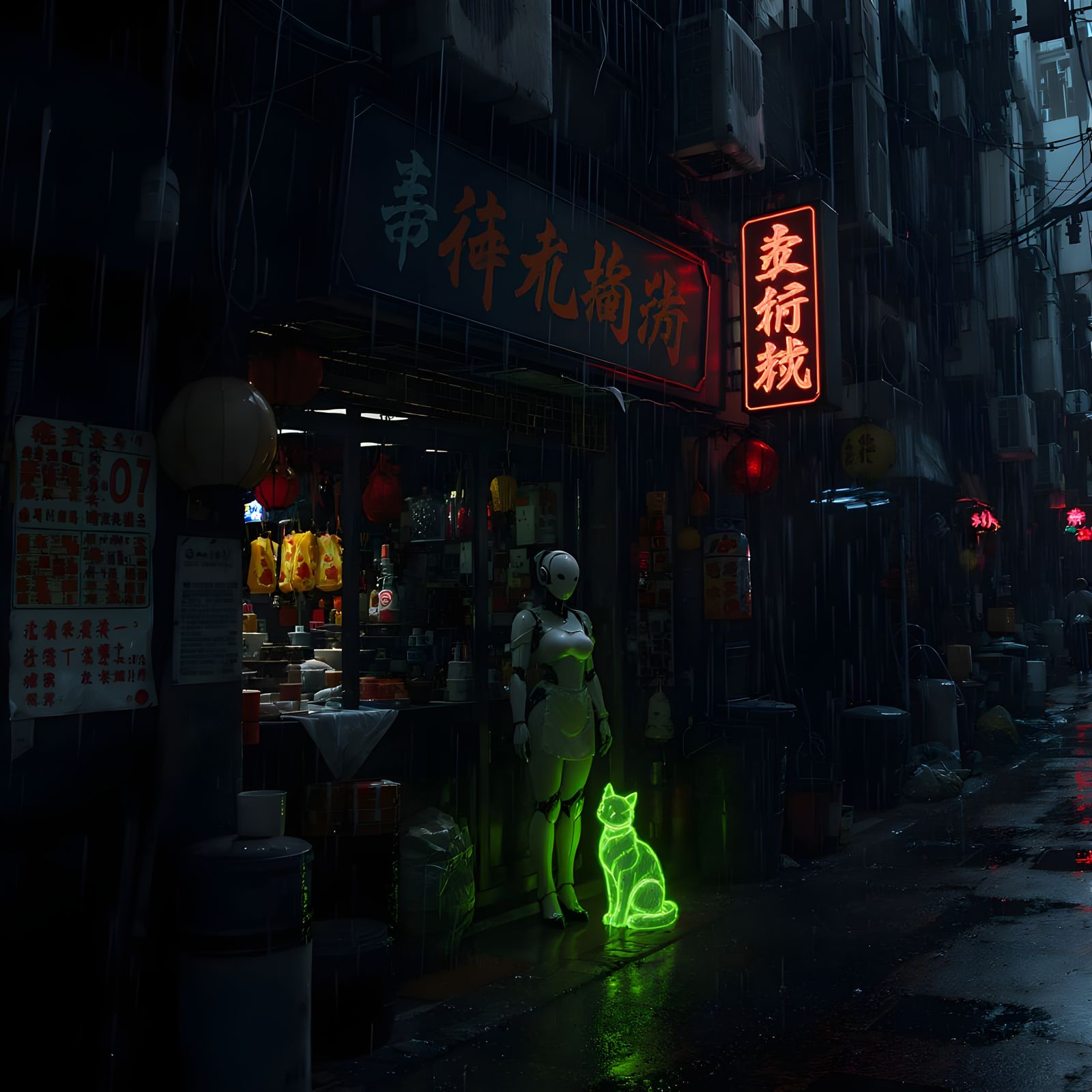 Dystopian Hong Kong Alley with Android and Neon Cat