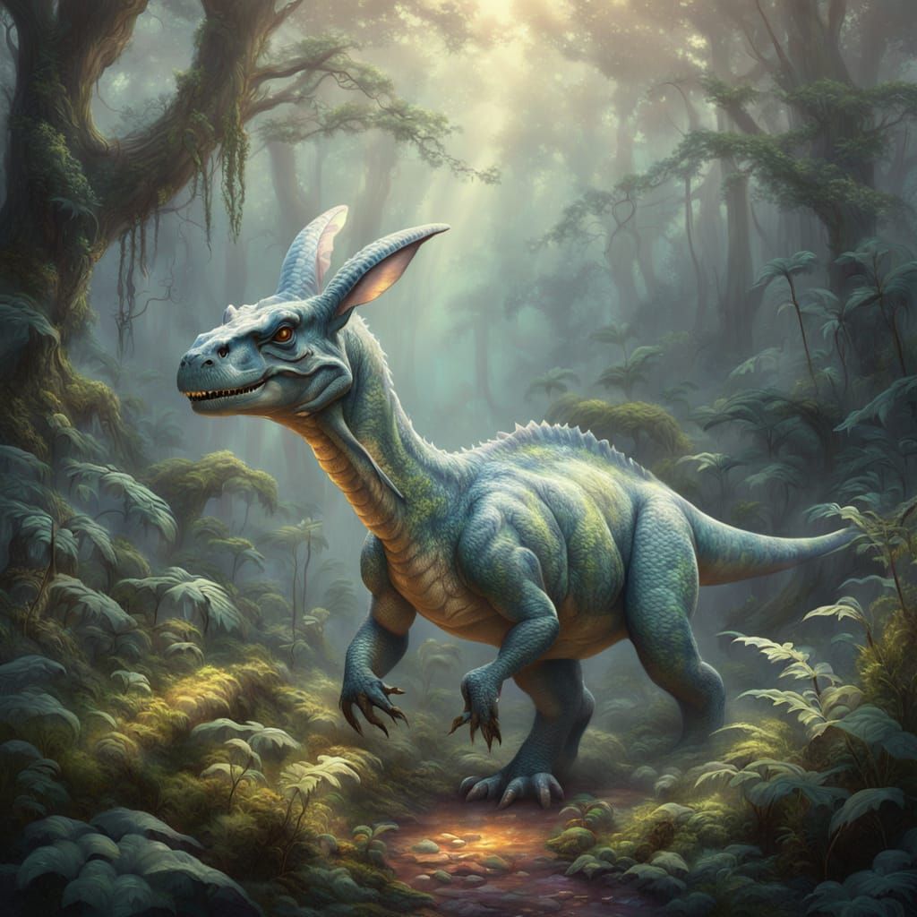 Dinosaur with Bunny Ears in Misty Forest, Fantasy Art