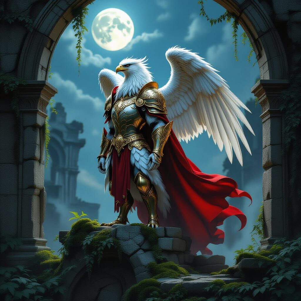Majestic Griffin Guarding Ancient Ruins in Moonlight