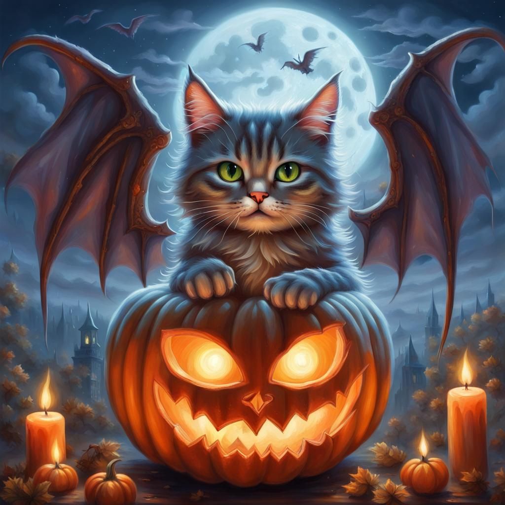 Winged Feline with Pumpkins in Ethereal Night