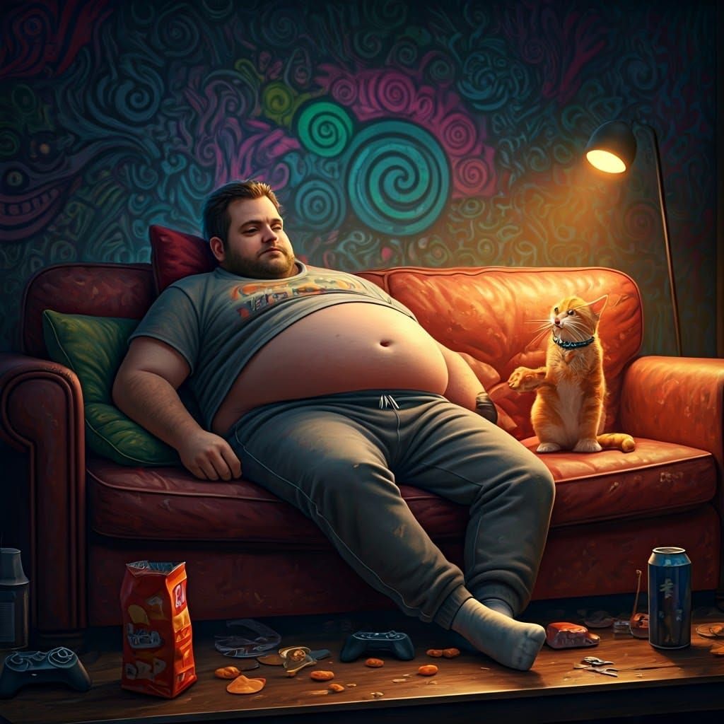 Cozy Messy Living Room Scene with Chubby Man and Happy Cat