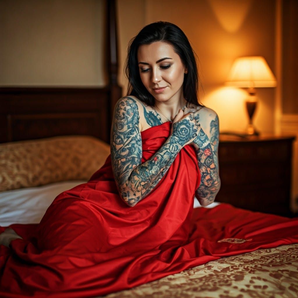 Tattooed Model in Luxurious Bedroom with Golden Sunlight