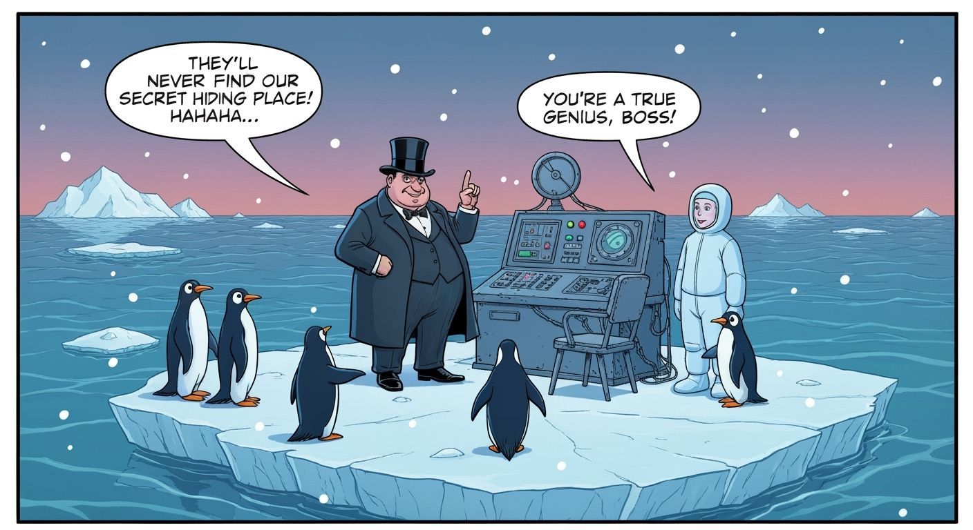 Comic Style Arctic Hideout of Penguin Mastermind