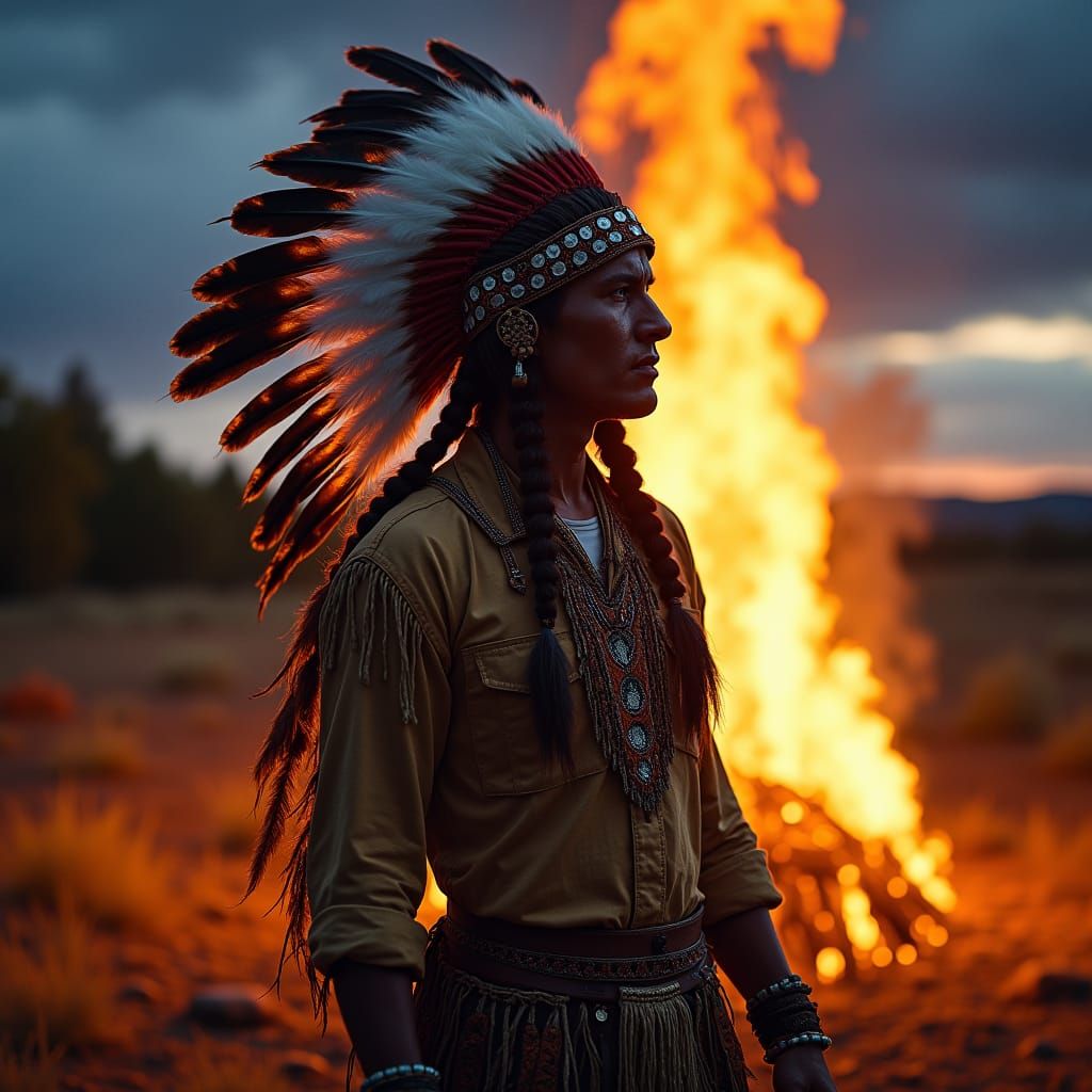 Native American Man with Eagle Feather Headdress
