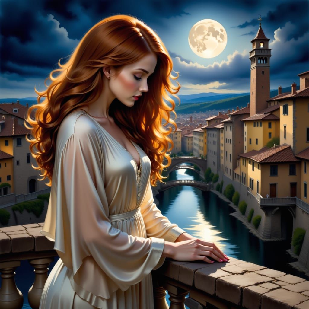Moonlit Woman on Renaissance Balcony in Romantic Realism Sty...