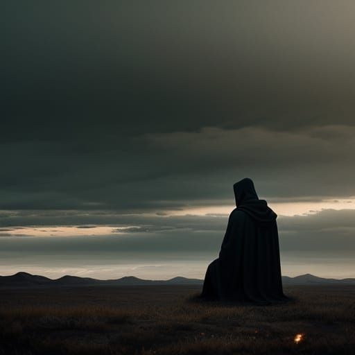 Melancholy Figure in Desolate Landscape at Golden Hour