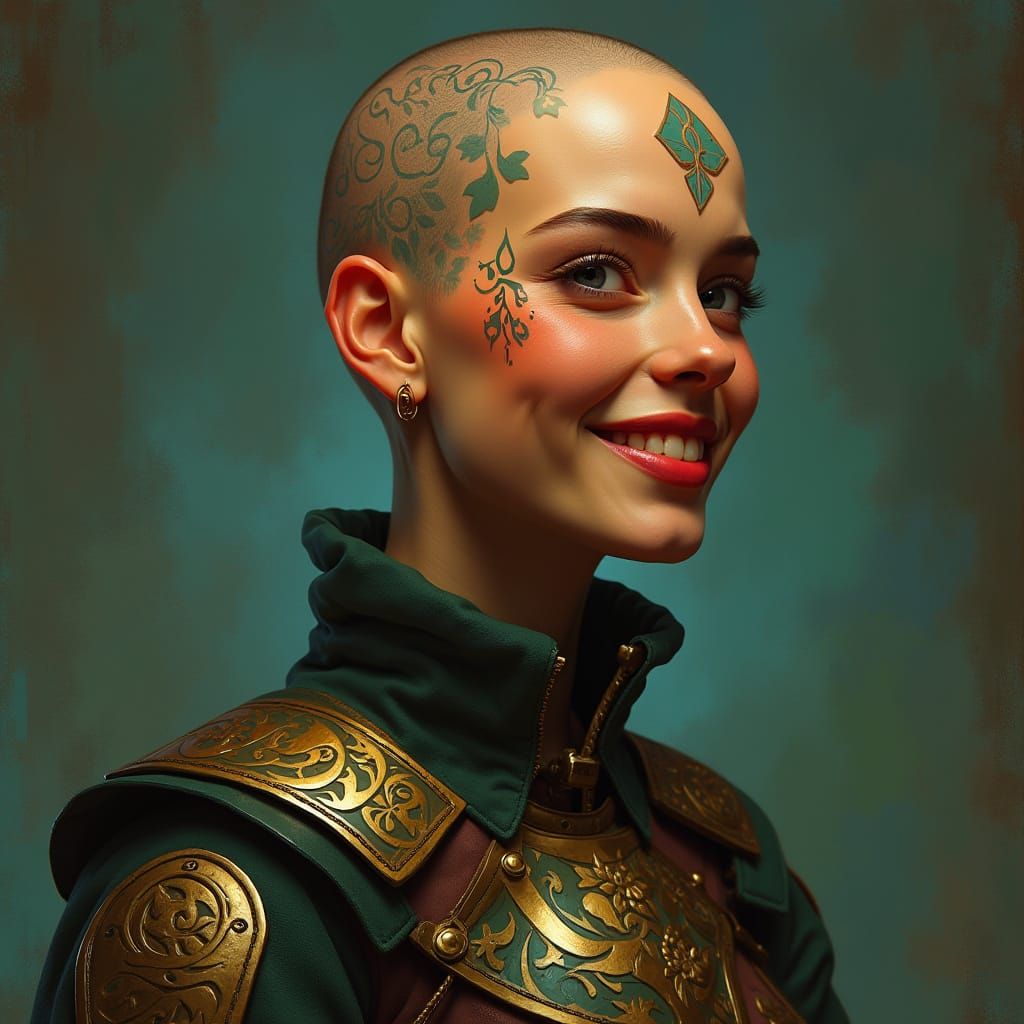 Heroic Bald Warrior Woman in Cyberpunk Armor