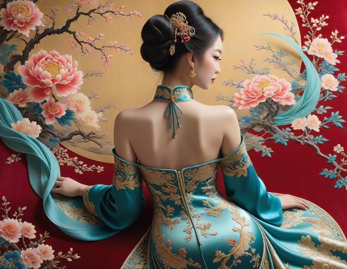 Surreal Oriental Princess Unfolds from Golden Rug