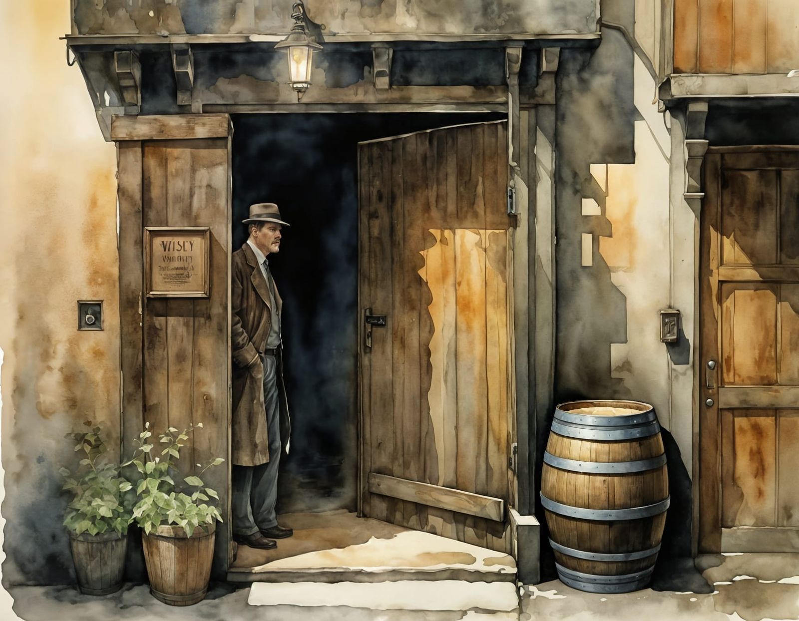 Burly Man Guarding 1920s Speakeasy, Watercolor Style