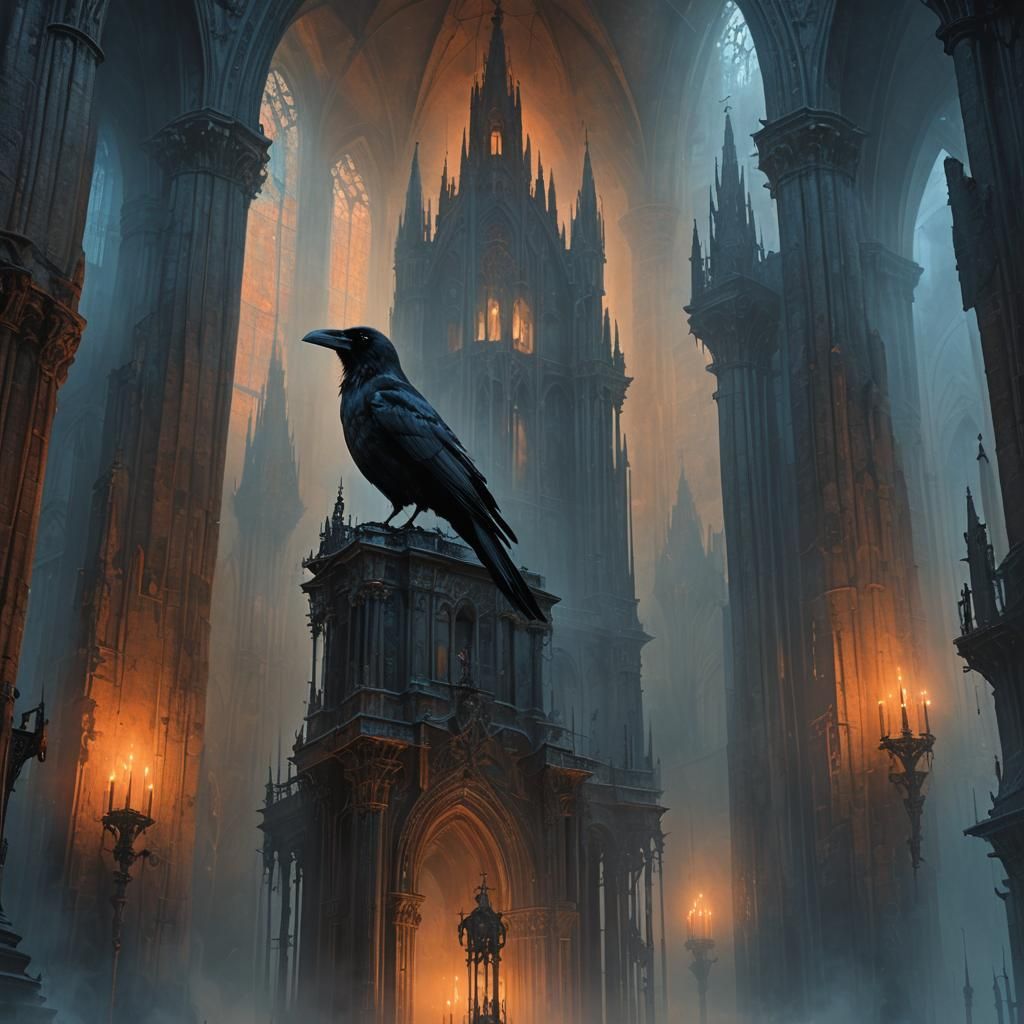 Mystical Crow in Gothic Cathedral Concept Art