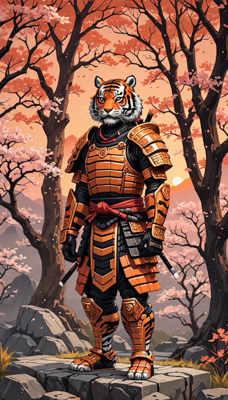 Tiger Samurai in Pixel Art with Ukiyo-e Inspiration