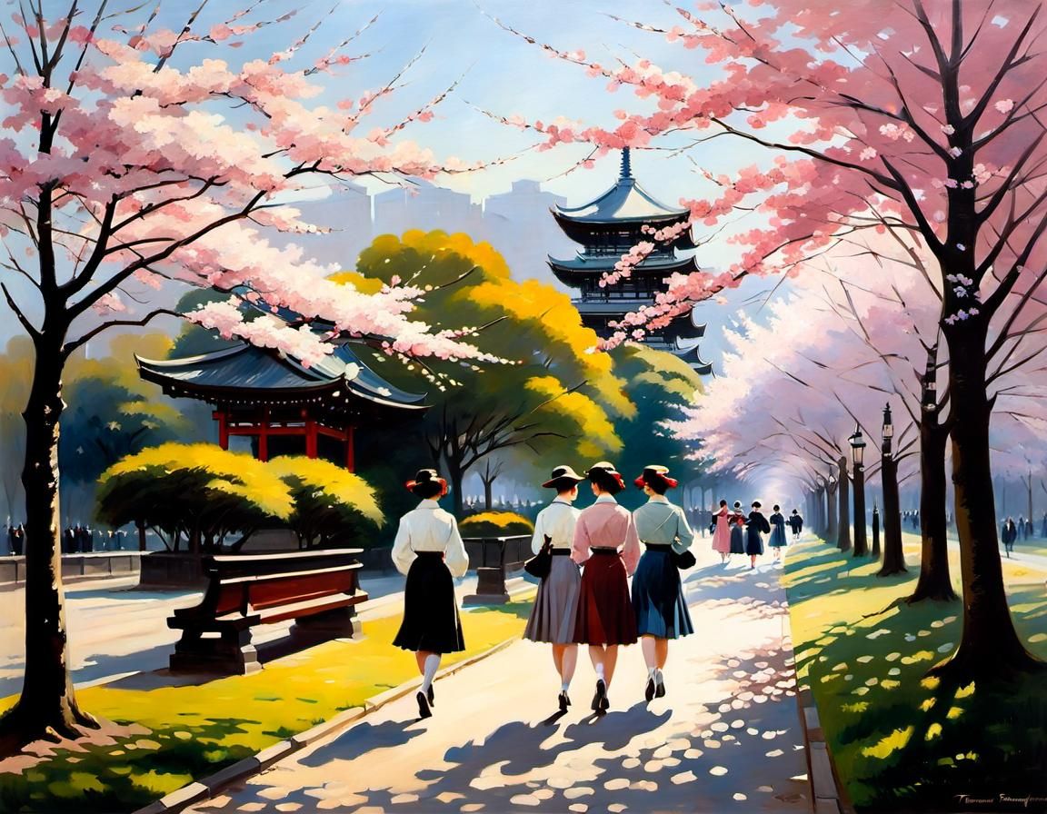 Kyoto Park Cherry Blossoms: Oil Painting in Classical Style
