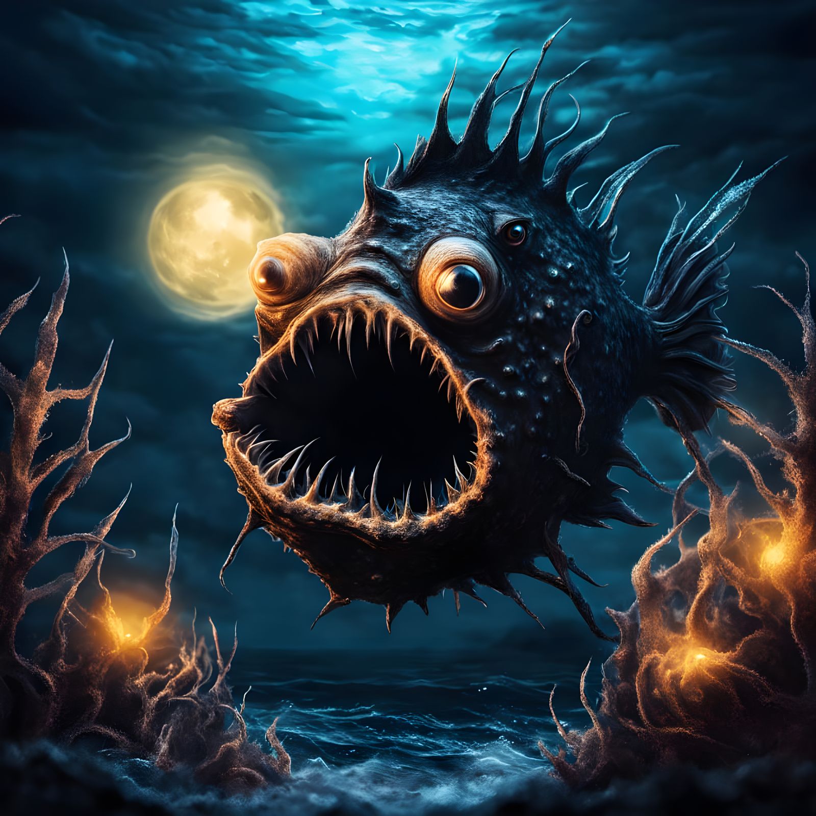 Grotesque Anglerfish-Woman Hybrid on Haunted Beach