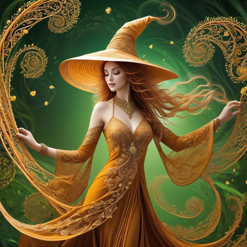 Henna Filigree Witch in Wind, Hyperrealistic Art