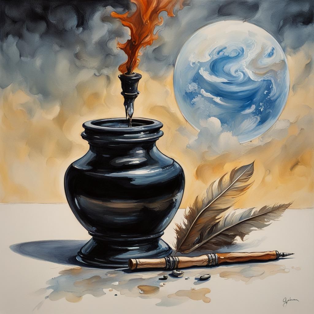 Ink Pot and Quill Pen Creates New Earth