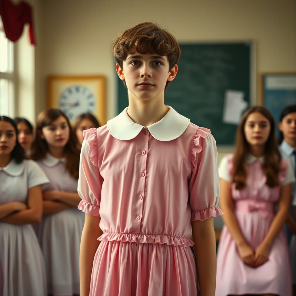 Young Person in Pink Dress in a Wes Anderson-esque Scene