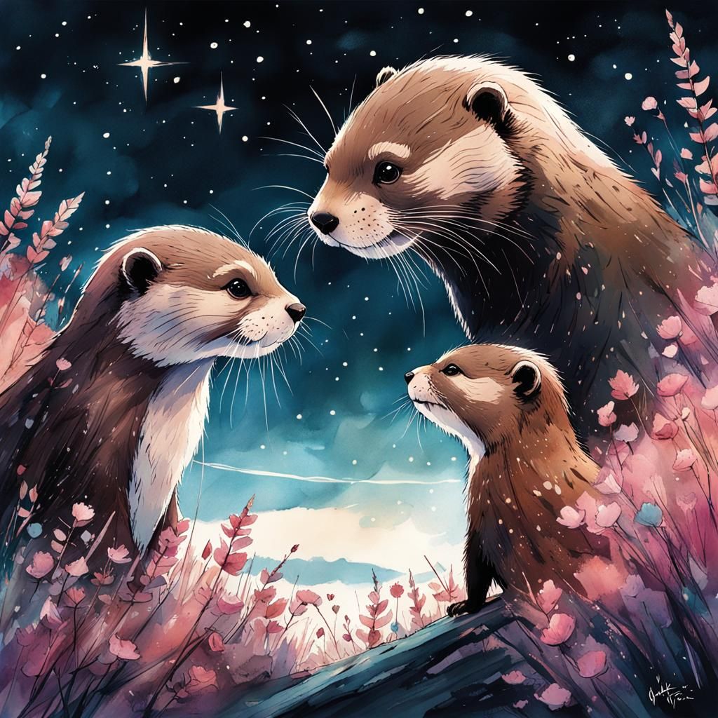 Otters Playing with Stars in Watercolor Splash Art