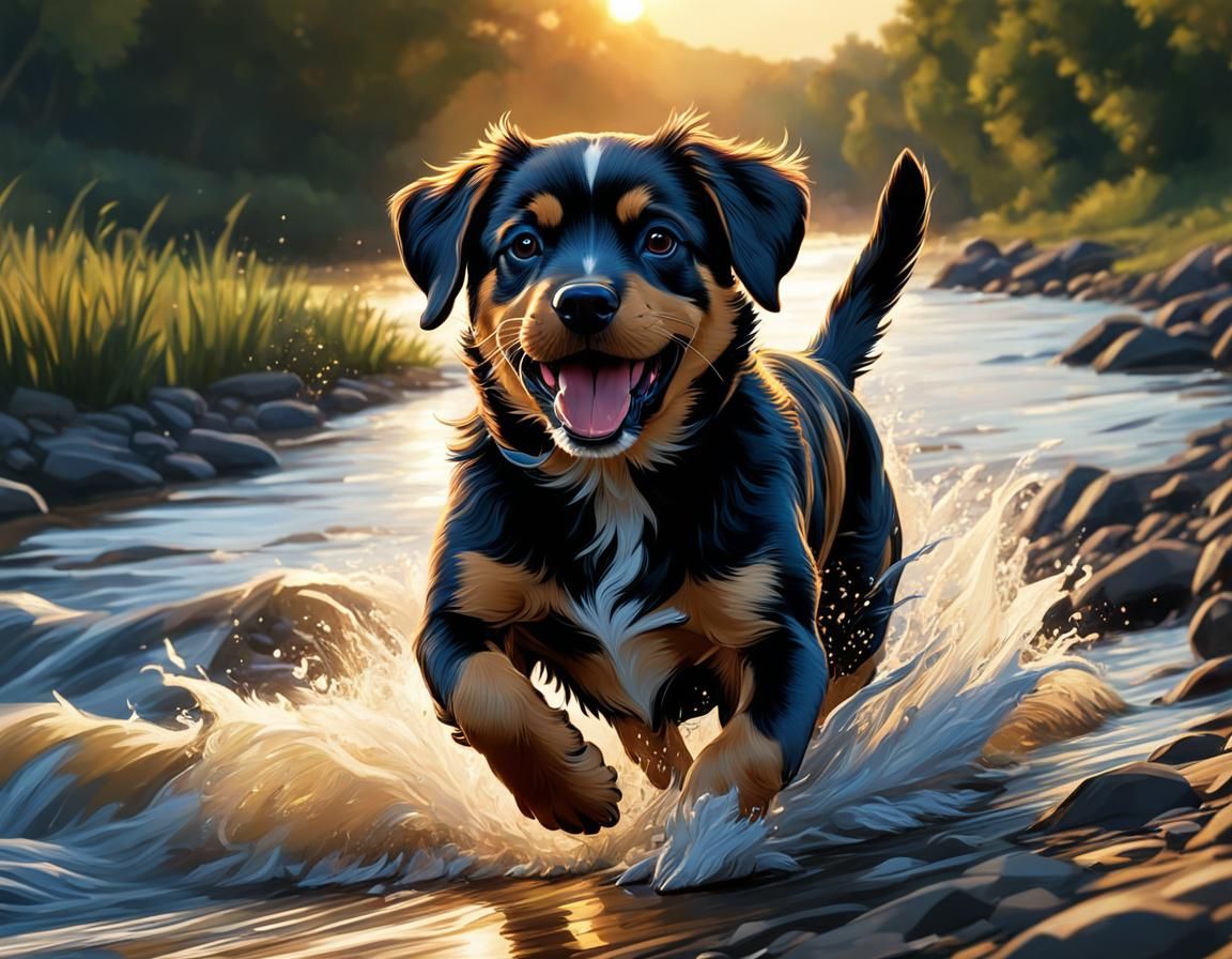 Happy Puppy Runs at Sunset: Hyperrealistic Splash Art