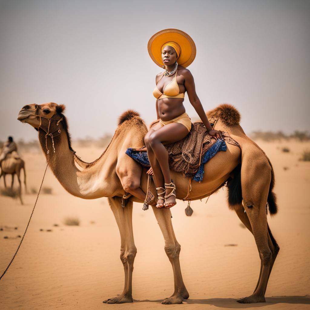 Nigerian Woman on Camel in Golden Bikini
