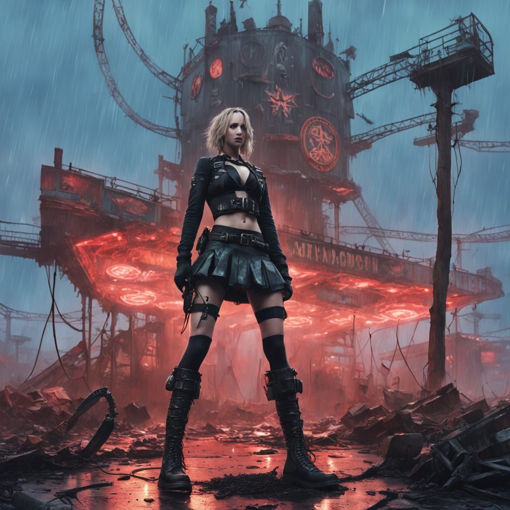 Gothic Lolita Heroine Wields Chainsaw in Dark, Rainy Landsca...