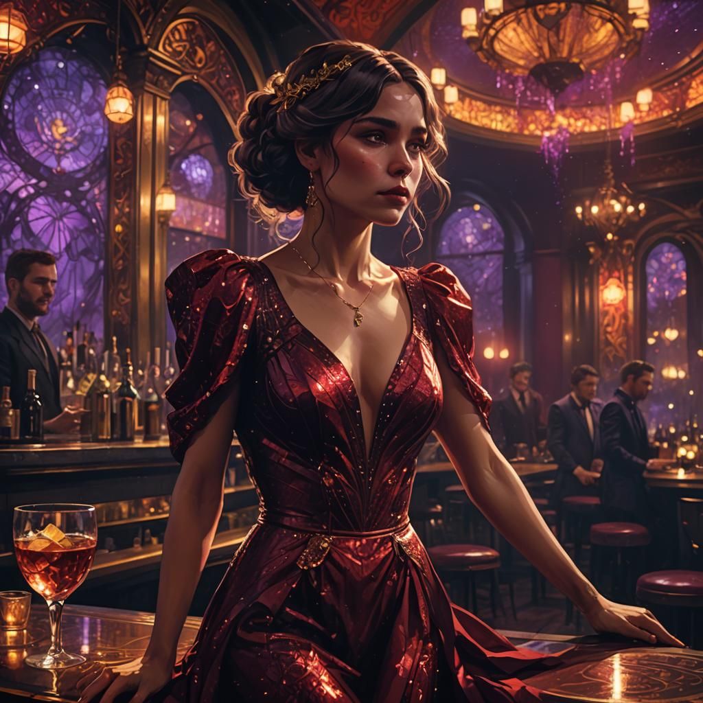 Woman in Red Dress at Bar in Dark Fantasy Style