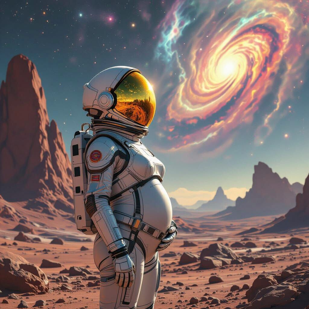 Pregnant Astronaut Gazing at Nebula in Concept Art Style