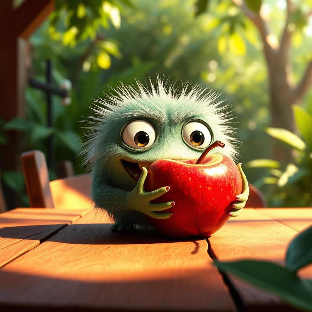 Whimsical Monster Devours Apple in Cozy, Sunlit Setting