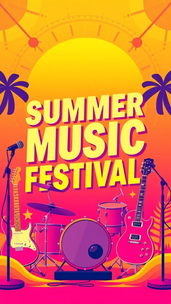 Psychedelic Summer Music Festival Poster in Vibrant Vector S...