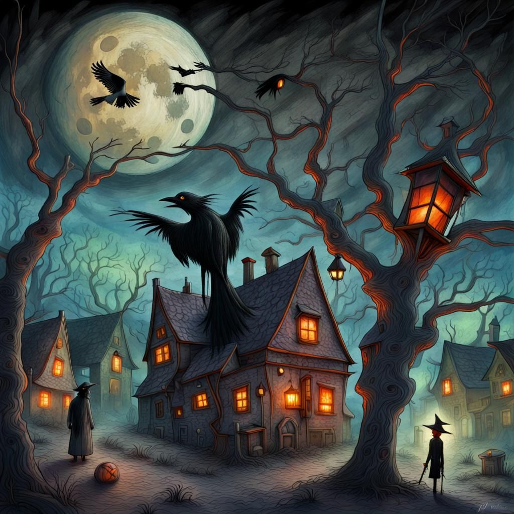 Spooky Village with Witch, Raven, and Zombie