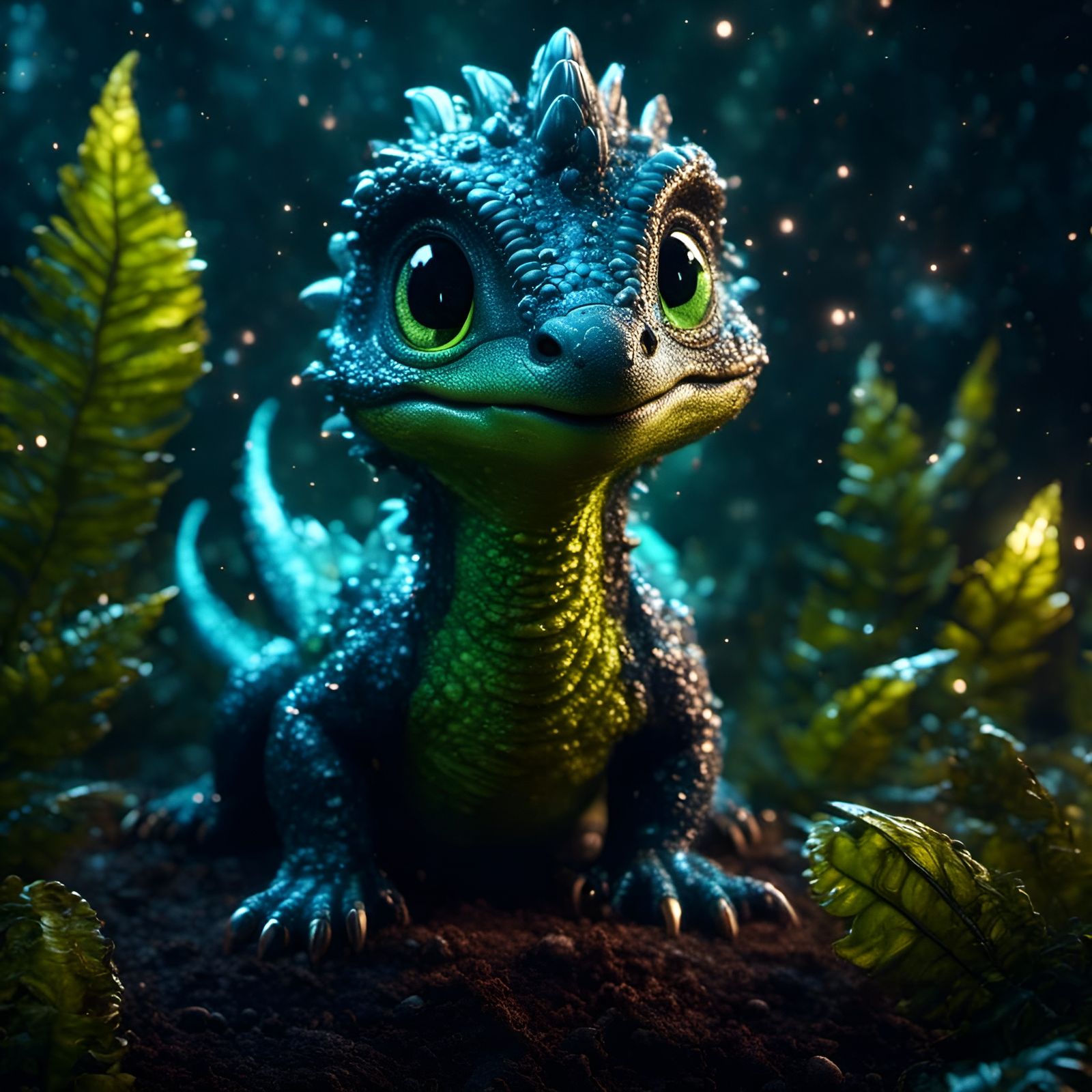 Adorable Fluffy Dinosaur on Cosmic Moonlit Night