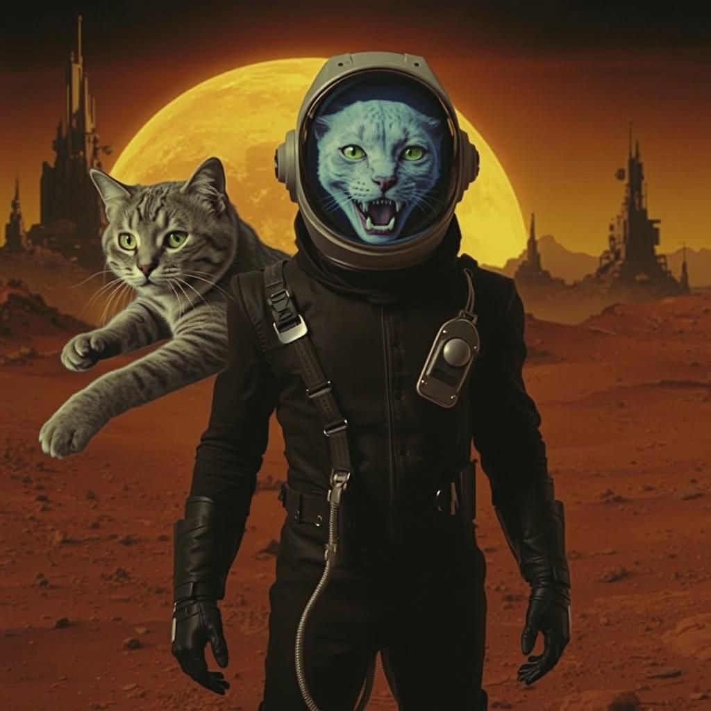 Surreal Cat People on Mars with Vaporwave Glitches