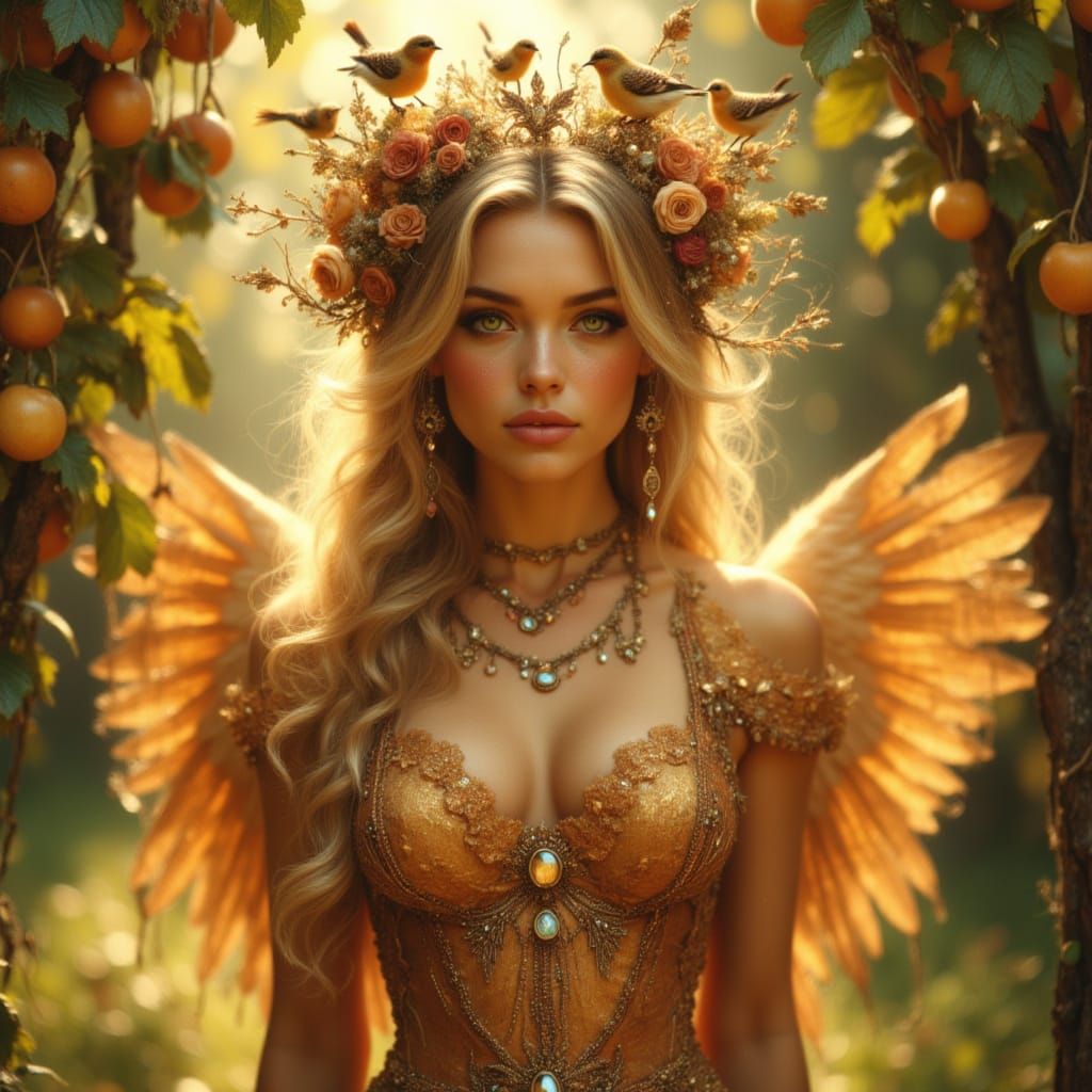 Woman with Finch Crown and Sunstone Gems in Enchanted Orchar...