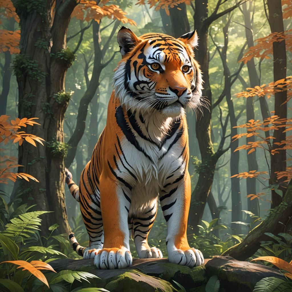 Cute Tiger Cub in Forest, Anime Style
