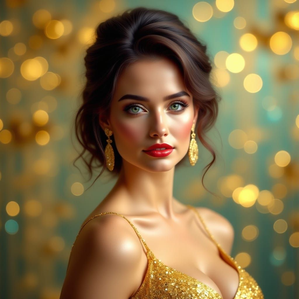 Glamorous Woman with Emerald Eyes in Golden Light