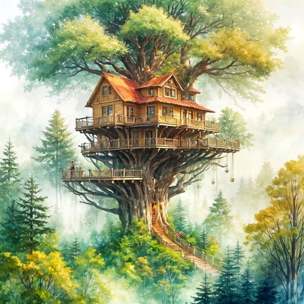 Giant Watercolor Treehouse City on Giant Redwood