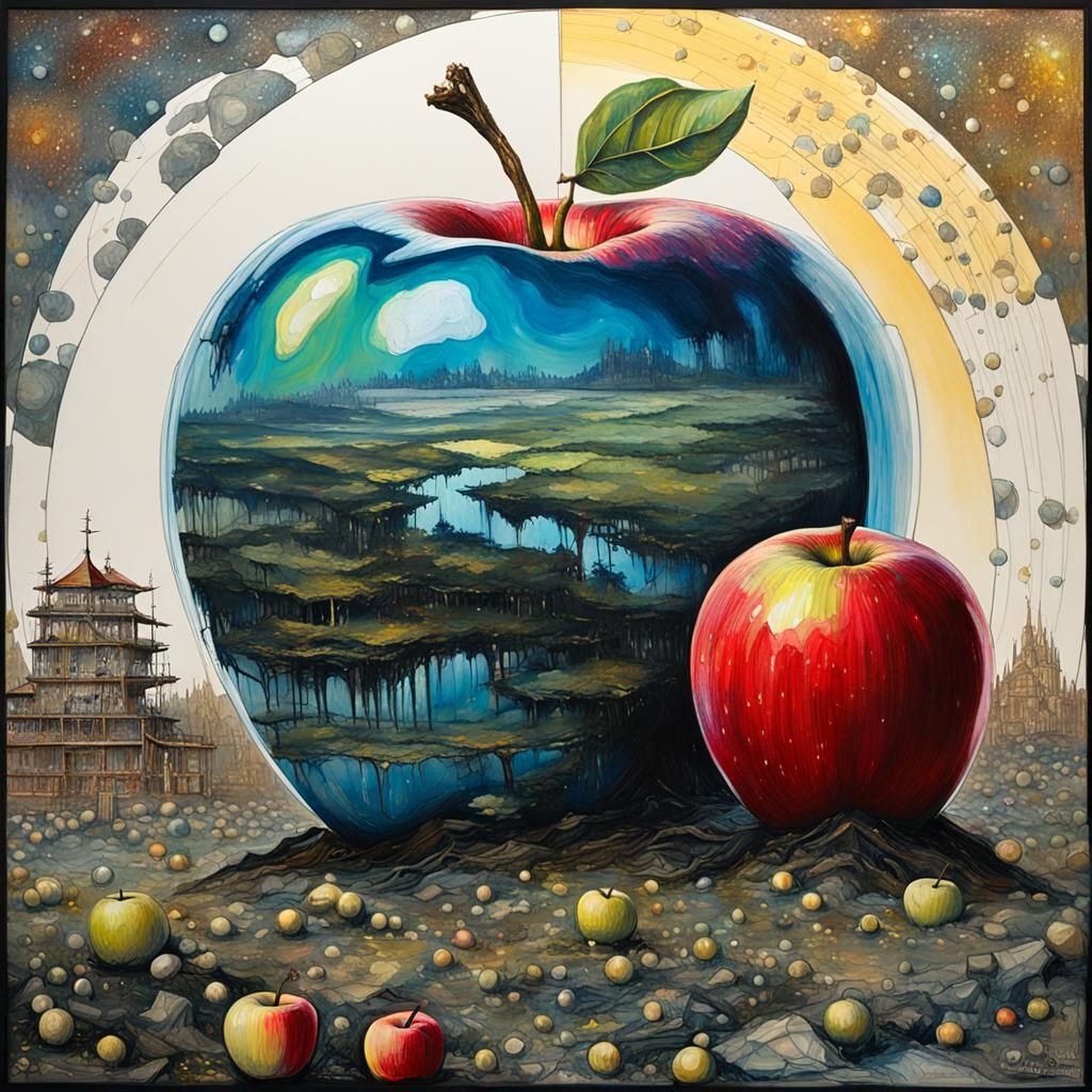 Giant Bioluminescent Apple in Surreal Landscape