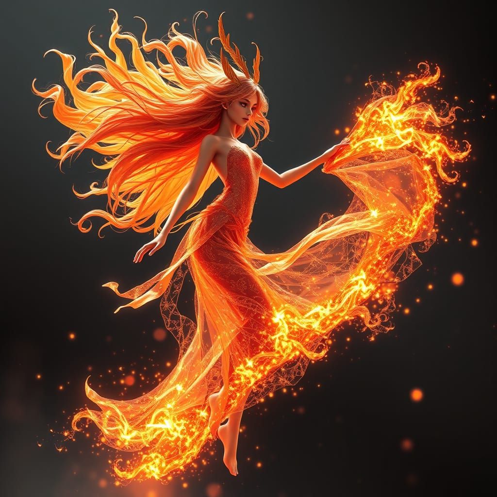 Ethereal Fire Nymph Dances with Flaming Beauty