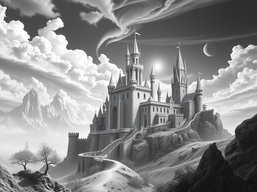 Escher-Inspired Castle Landscape in Monochromatic Tones