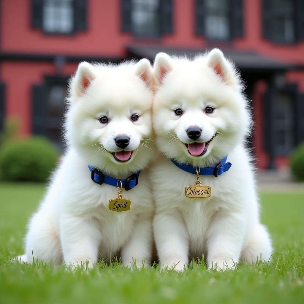 Fluffy Samoyed Puppies with Name Tags