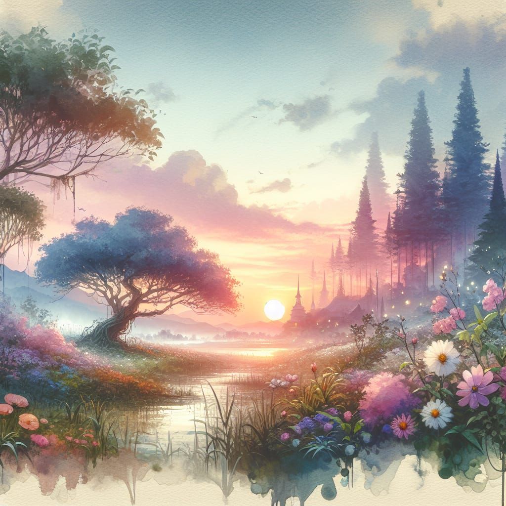 Blood Moon Summerscape Sunset in Digital Watercolor