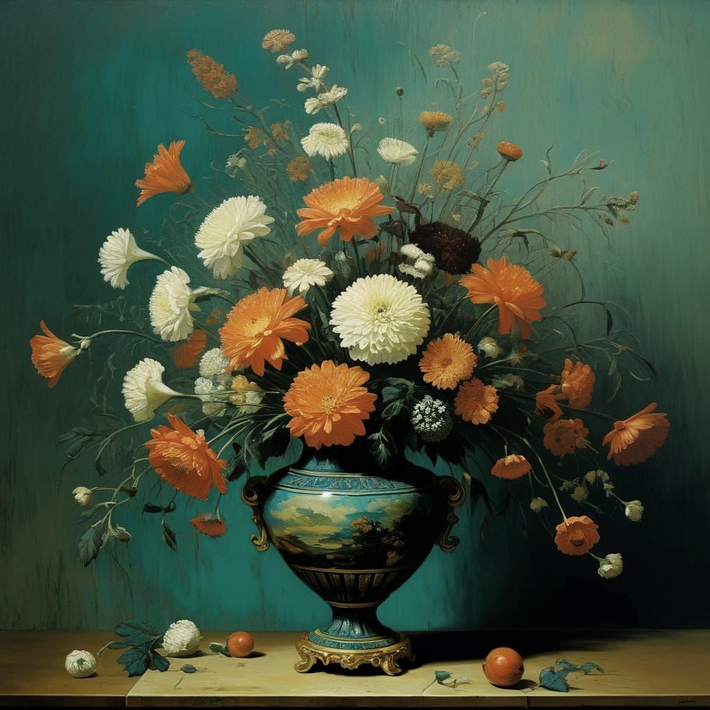 Neo-Classical Flowers in Ming Vase, Oil Painting