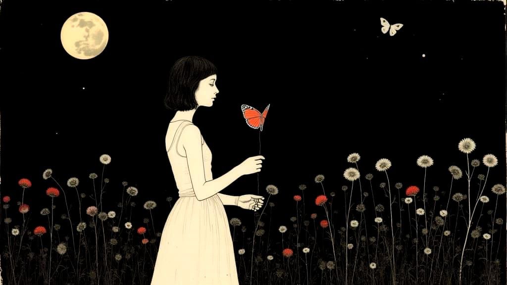 Surreal Landscape with Wildflowers and Butterflies in Midnig...